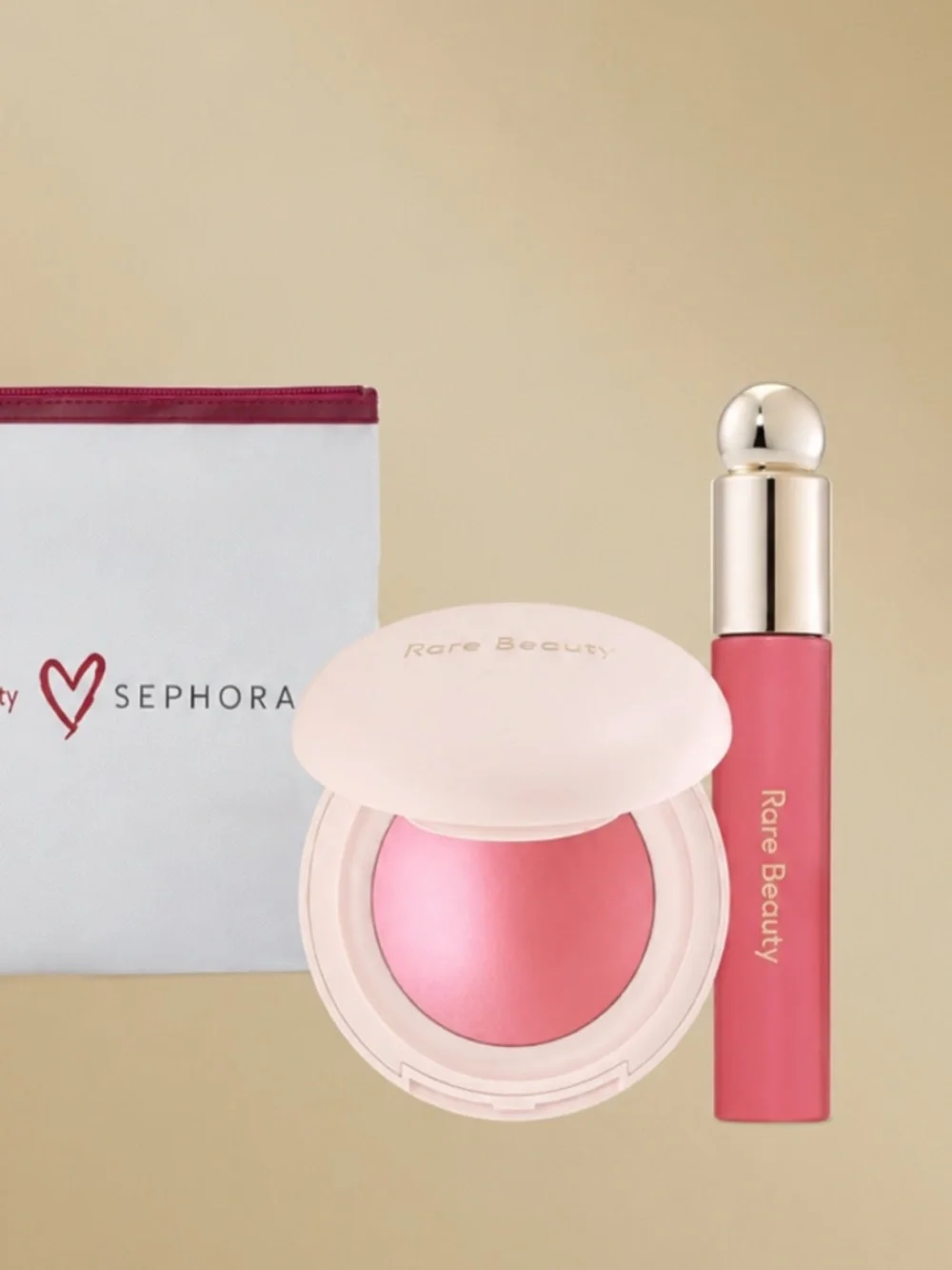 New Rare Beauty Set Soft Pinch Pink Blush & Lip Gloss in HAPPY with Make Up Bag